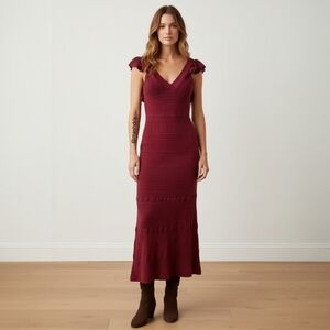 Sézane La Maille Knit Midi Dress Burgundy - Ruffle Sleeve Romantic Feminine - S